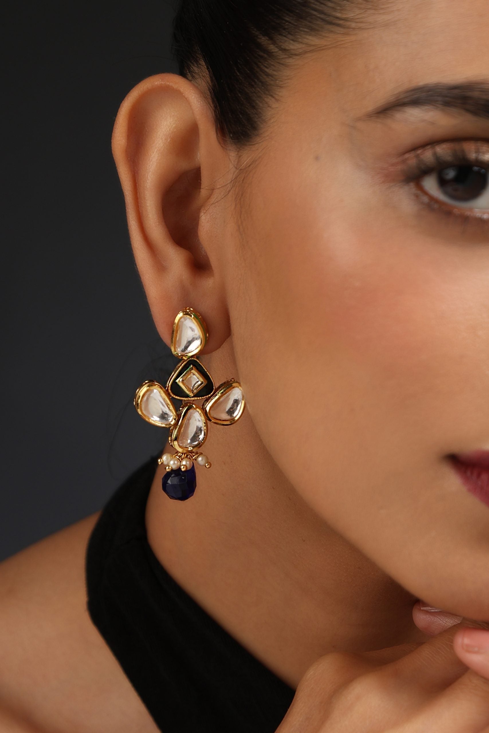 Blue Gold Tone Kundan dangler Earrings