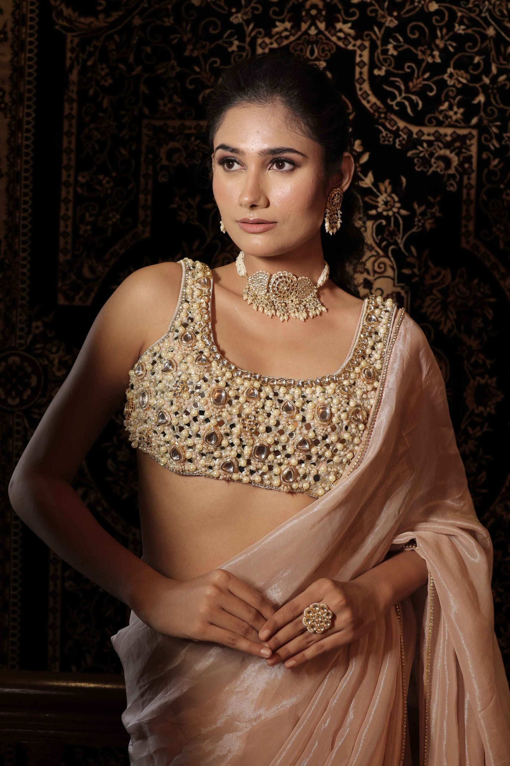 The " Hiramoti " saree set /Blush pink kundan and pearl embellished tissue saree set