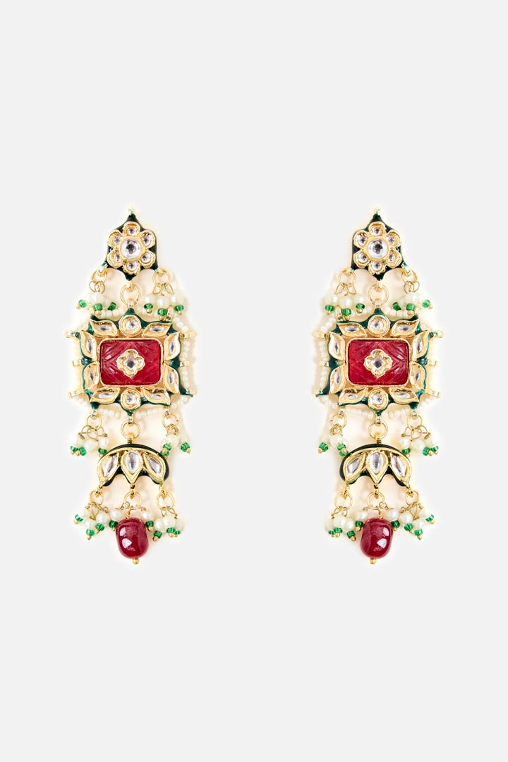 Gold-Tone Choker Necklace & Earring Set with Red Stone and Pearl Detailing