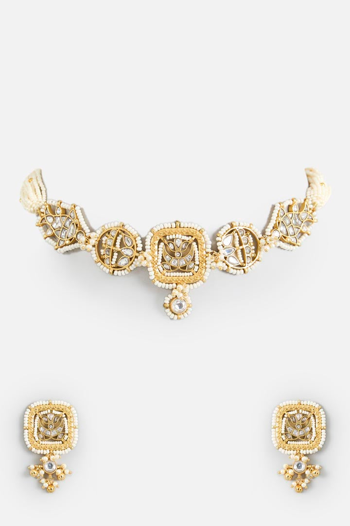 Gold-Tone Choker Necklace & Stud Earring Set with Stone Detailing