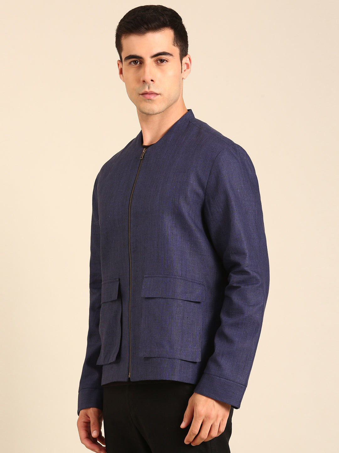 Blue 100% Linen Bomber Jacket
