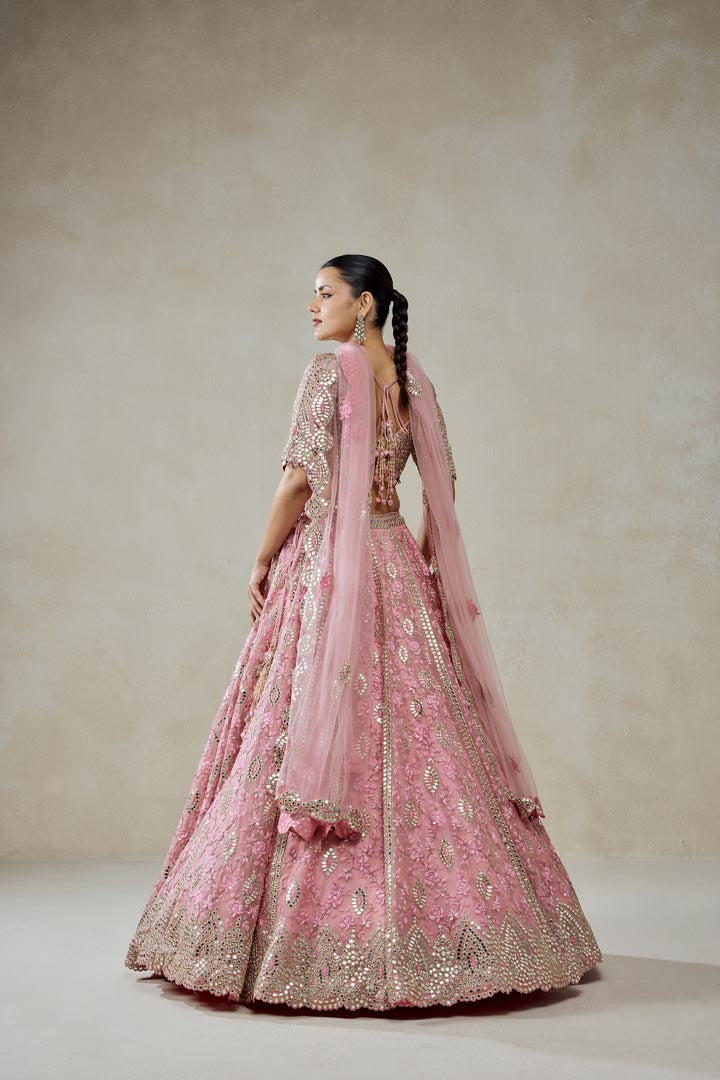 Pink Organza Mirror Work Lehenga Set with Multiresham Embroidery