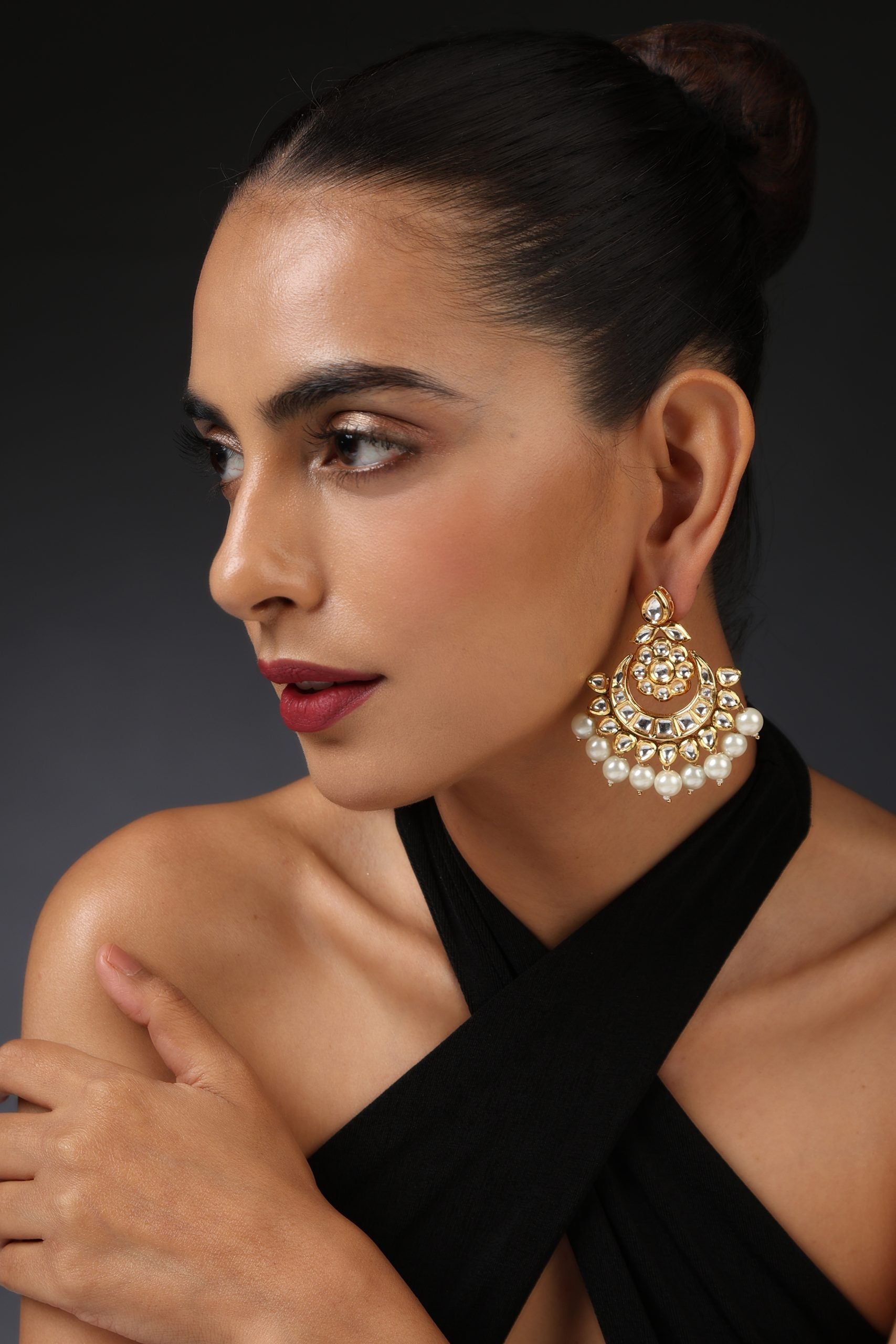 White Gold Tone Kundan and Pearl Chandbali Earrings