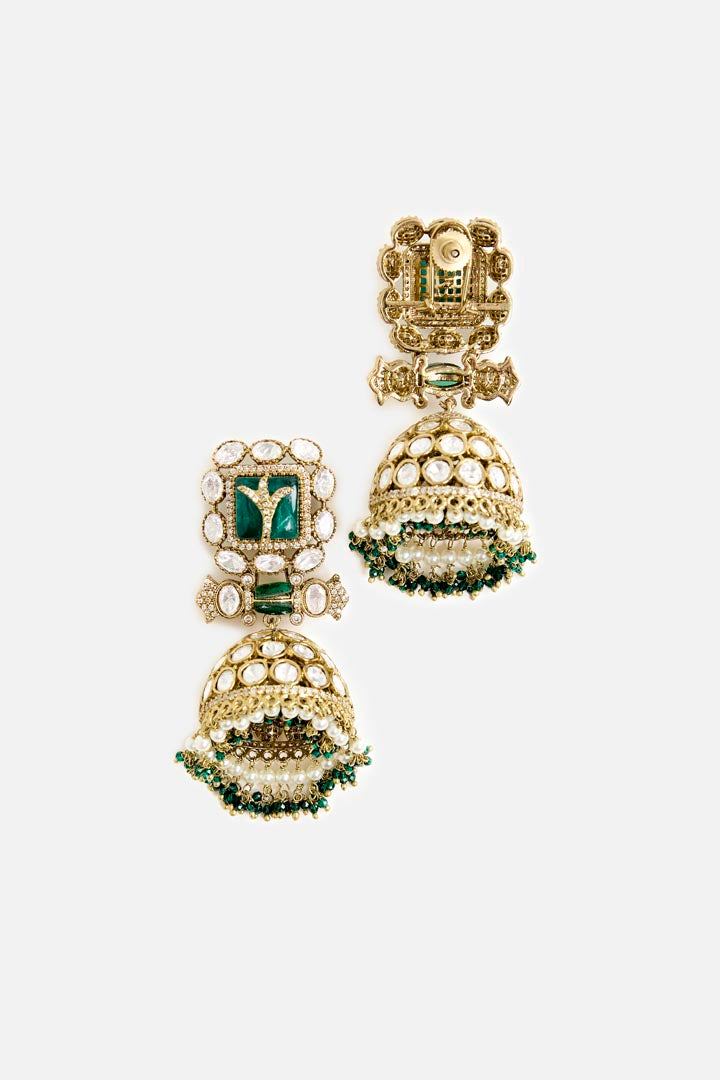Gold-Tone Jhumka Earrings with Green & Pink Stone and Pearl Detailing