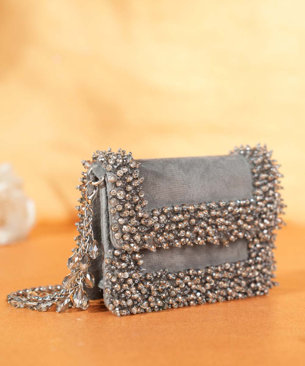 Elana Grey Suede Crystal Embellished Mini Bag
