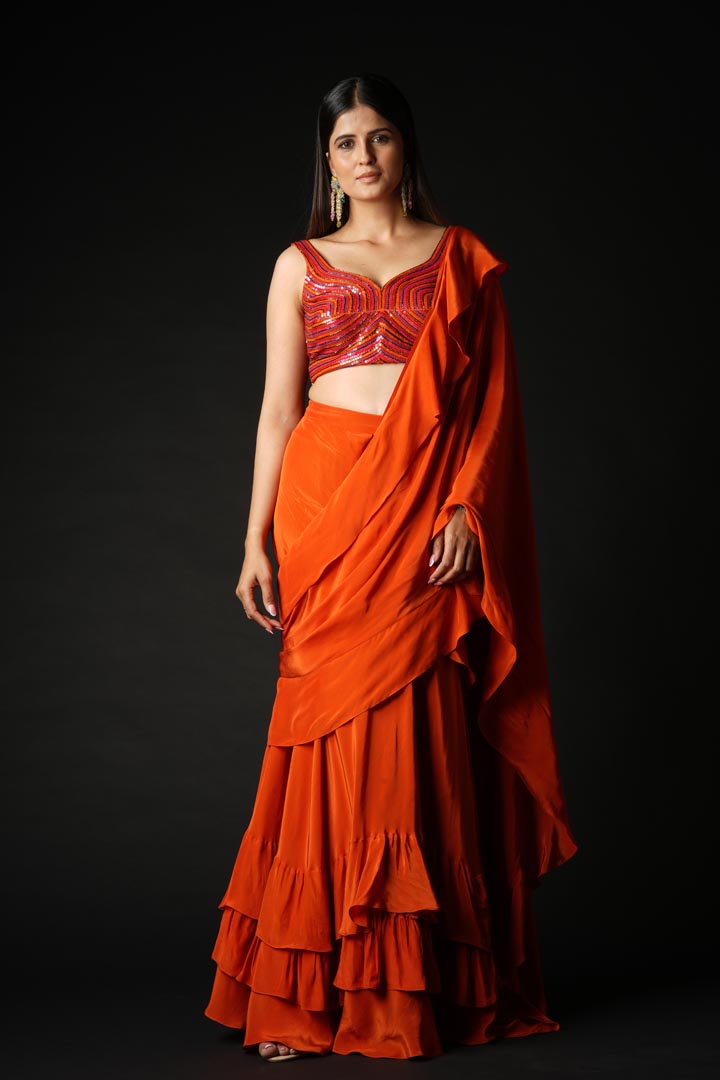 Rust Viscose Ruffled Saree Set