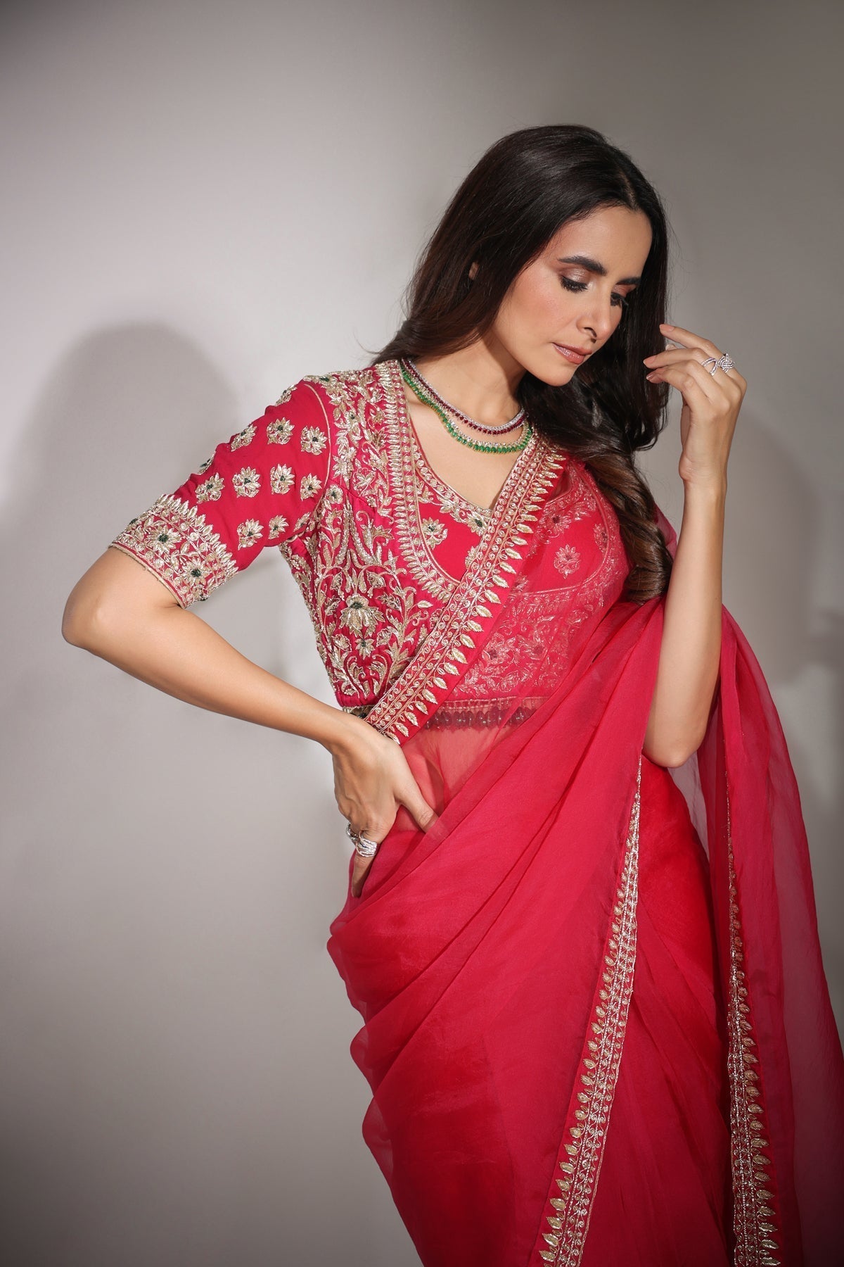 Image of Haseena cherry red organza saree