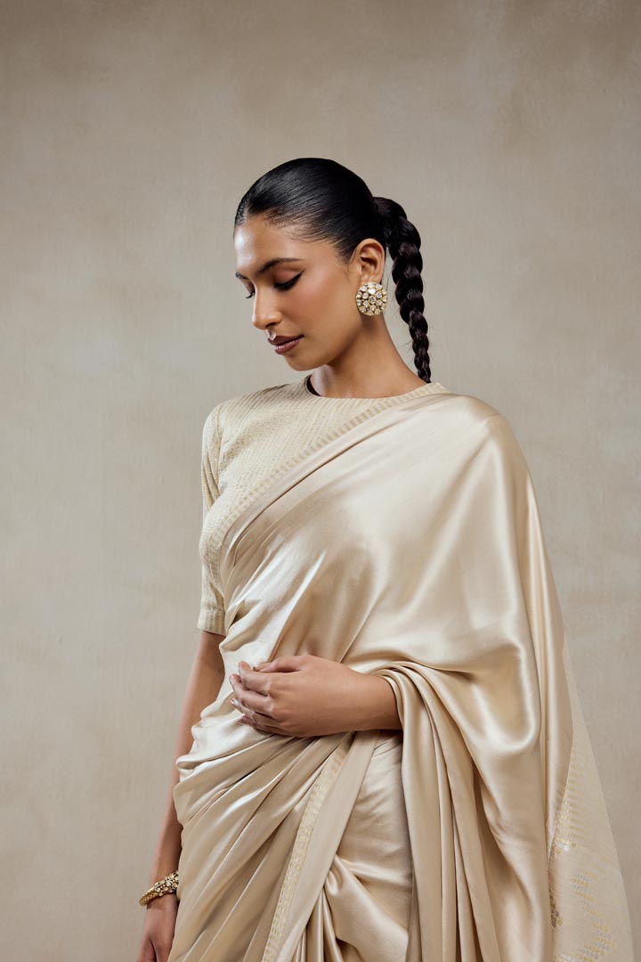 Ivory Monga Tissue Gold Striped Saree Set - Elegant Ethnic Wear