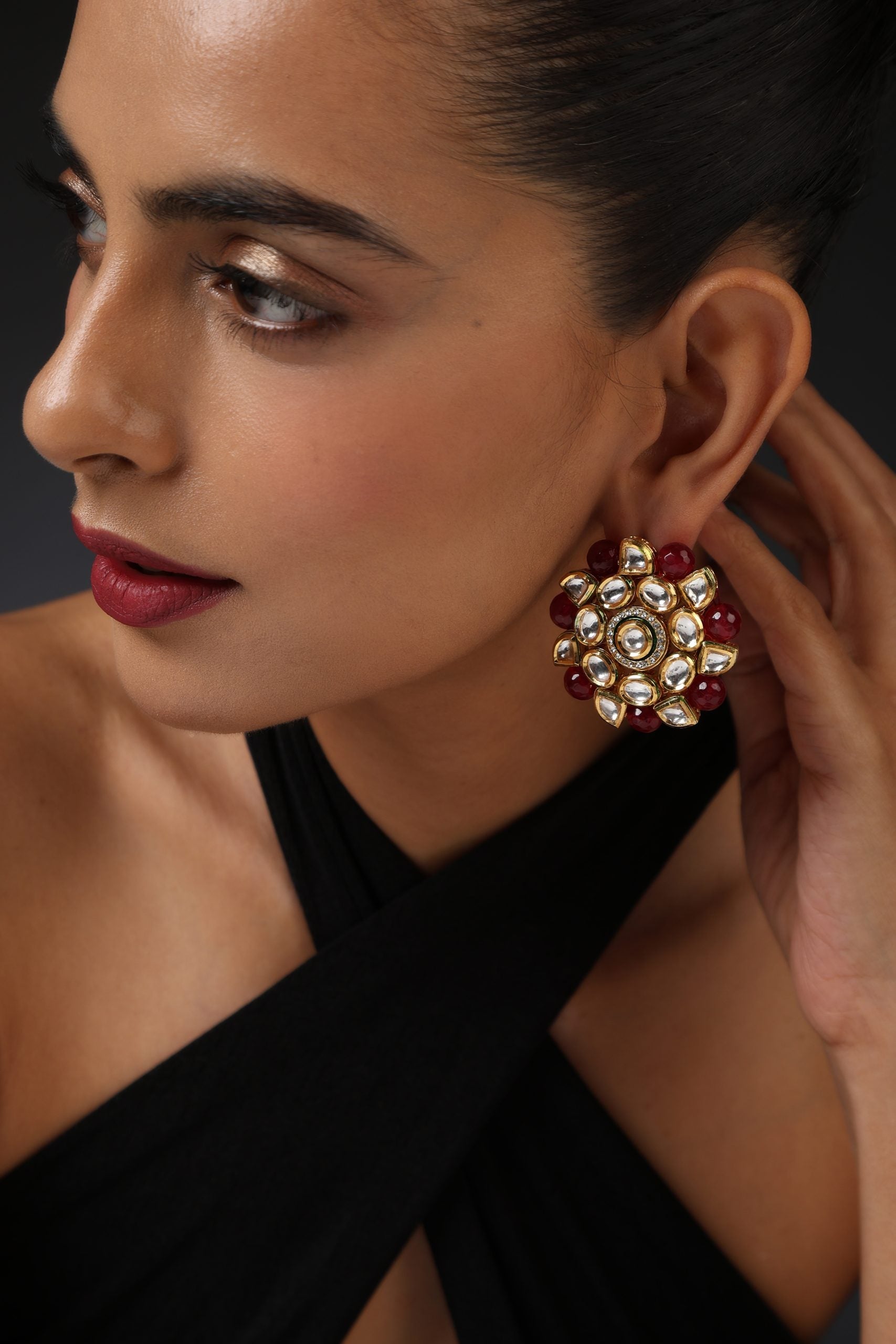 Red Gold Tone Kundan Stud Earrings