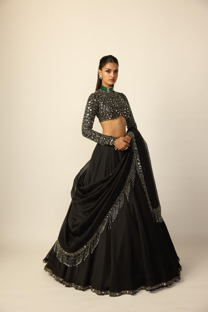 Black Tassel Dupatta Lehenga Set