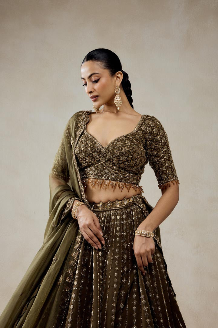Mehendi Green Embroidered Organza Lehenga Set for Wedding Couture