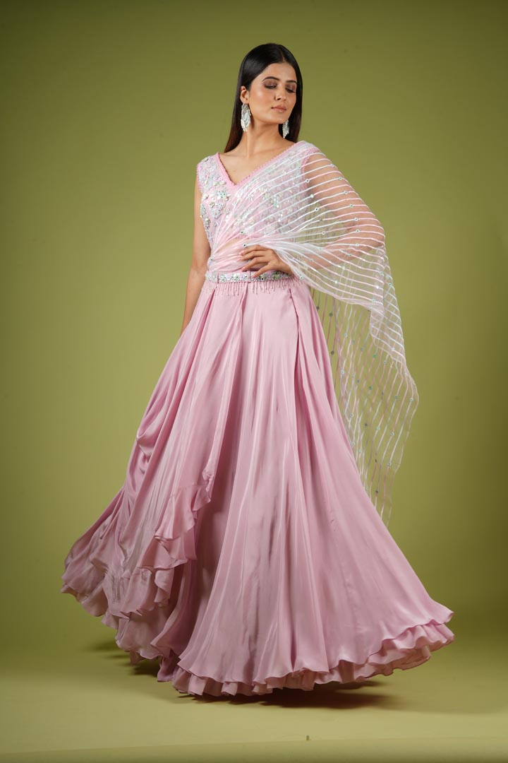 Onion Pink Viscose Ruffled Lehenga Set