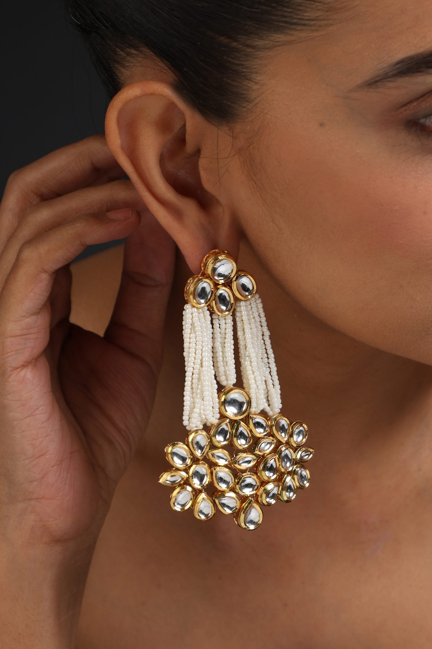 White Gold Tone Kundan and Pearl Dangler Earrings