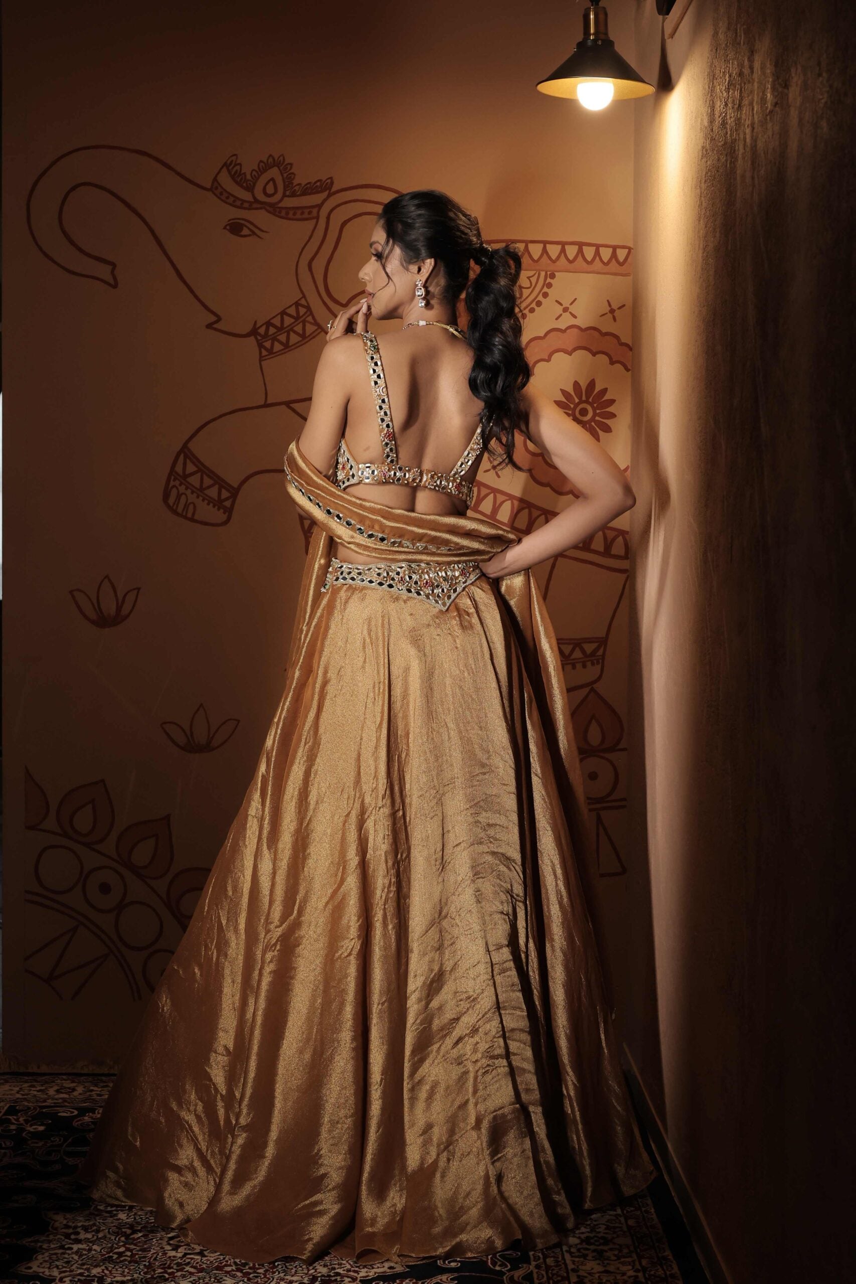 The "Kamalratna " lehenga set / Antique gold jewel and mirror embellished tissue lehenga set
