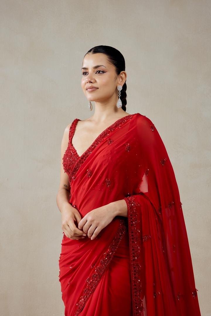 Red Georgette Saree Set with Embellished Blouse for Weddings