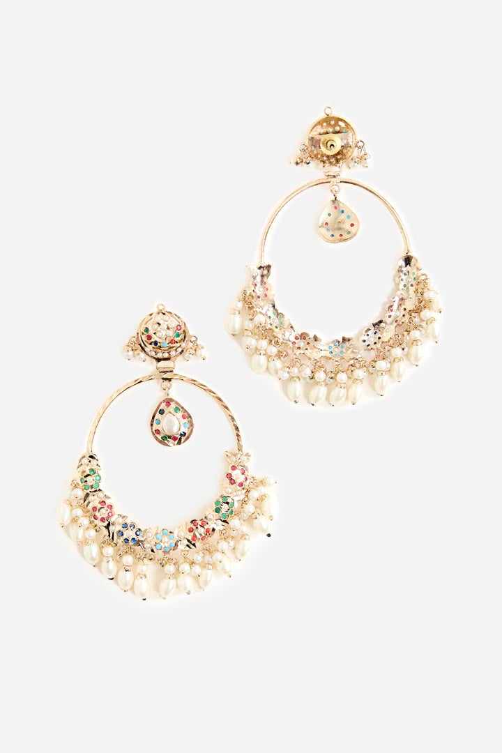 Gold-Tone Oversized Chandbali Earrings with Stone and Pearl Detailing