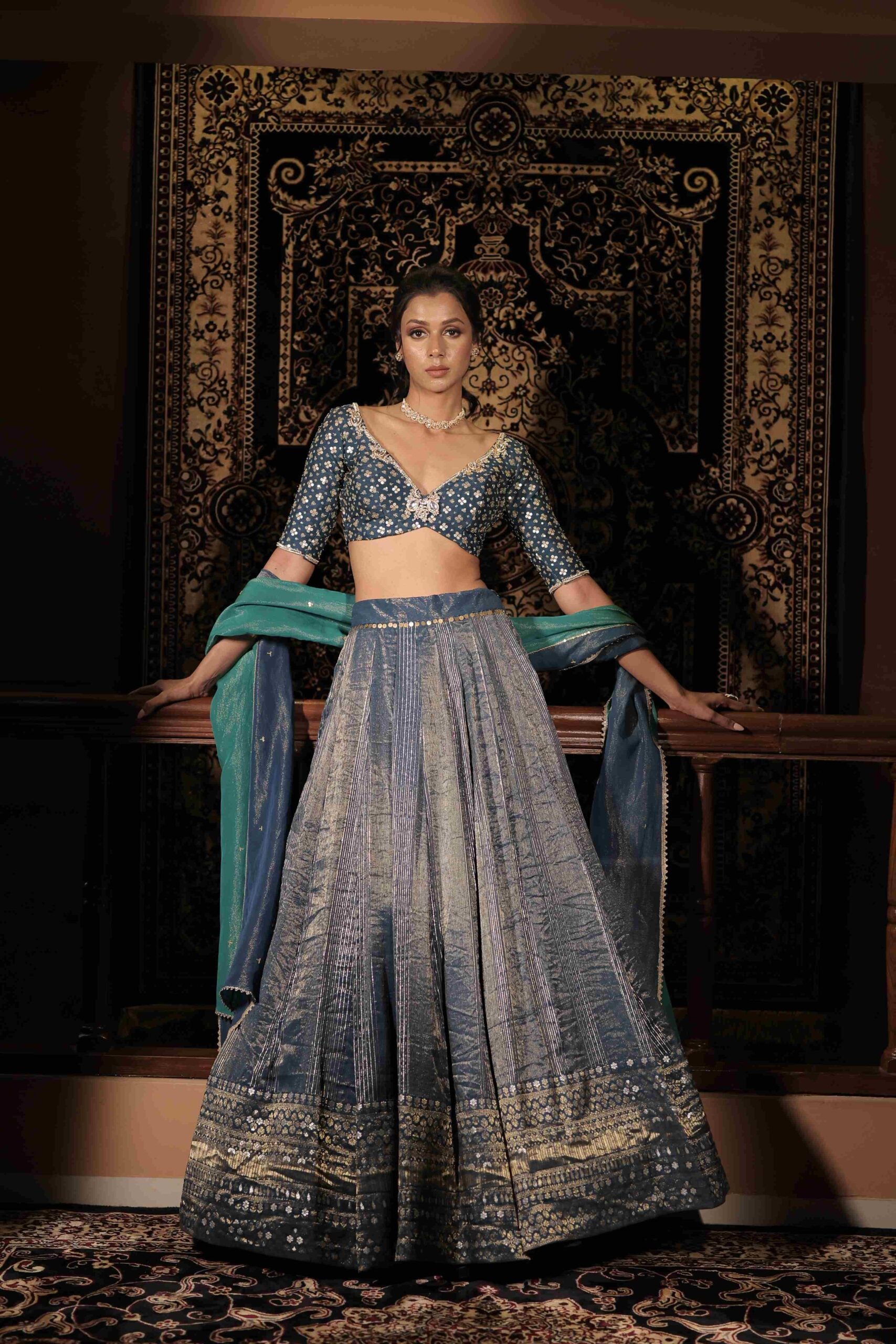 The " Neelaya" lehenga set ,Midnight blue kundan and sequins embroidered banarasi lehenga set