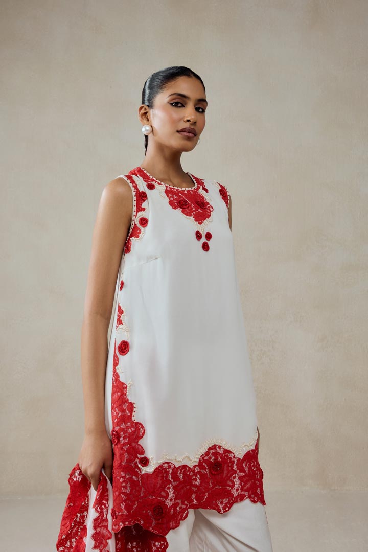 White Georgette Red Lace Applique Suit Set - Designer Festive Wear