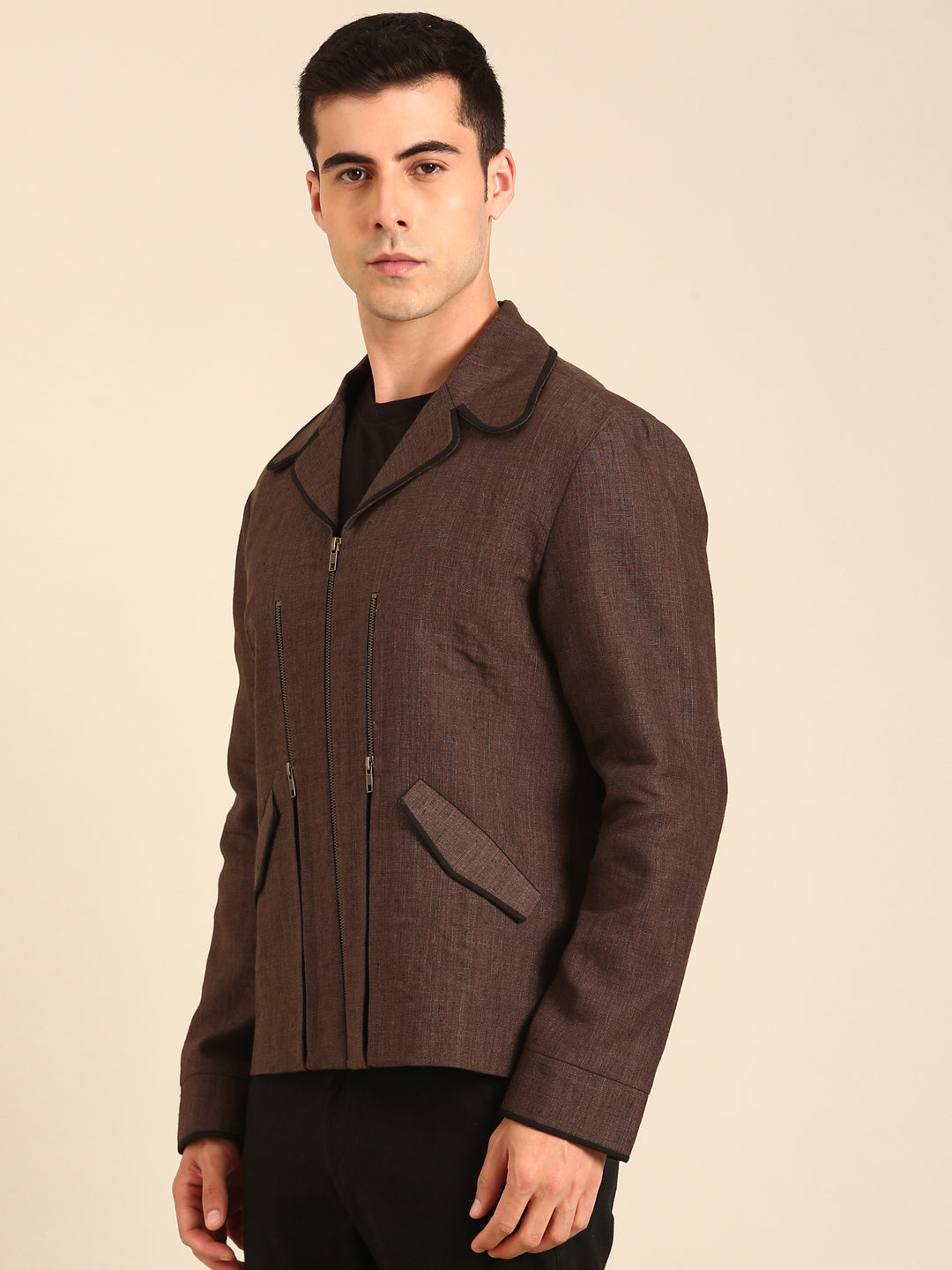 Brown 100% Linen Bomber Jacket