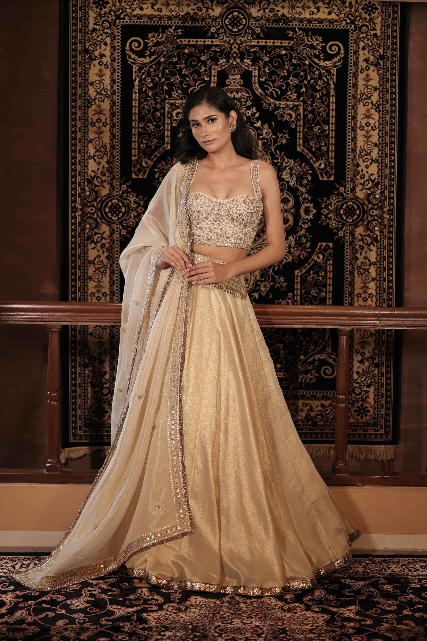 The "Roopmati " lehenga set / Ivory gold zardozi floral embroidered tissue lehenga set