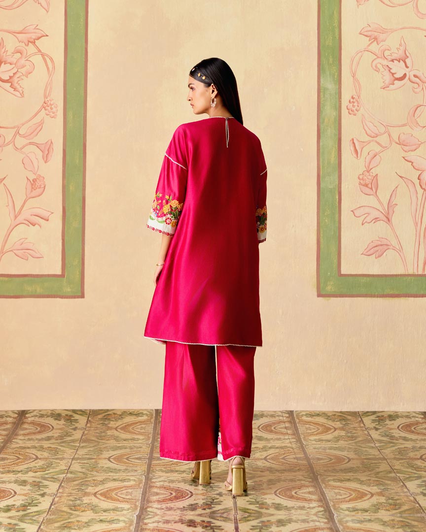 FUCHSIA AND IVORY PANELLED SHORT KURTA