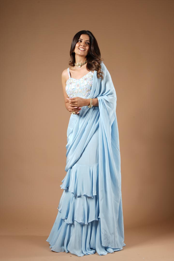 Powder Blue Viscose Ruffled Saree Set