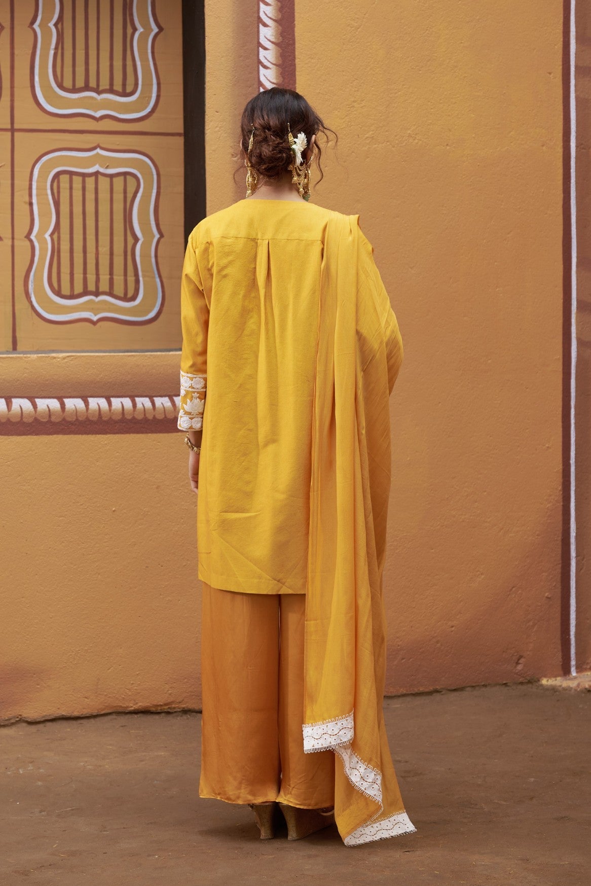 Lotus motif thread work golden yellow Kurta Set