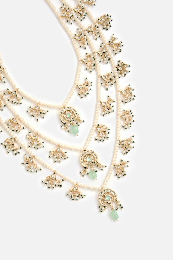 Layered Pearl Necklace & Earring Set with Gold-Tone Motifs and Green Stone Accents