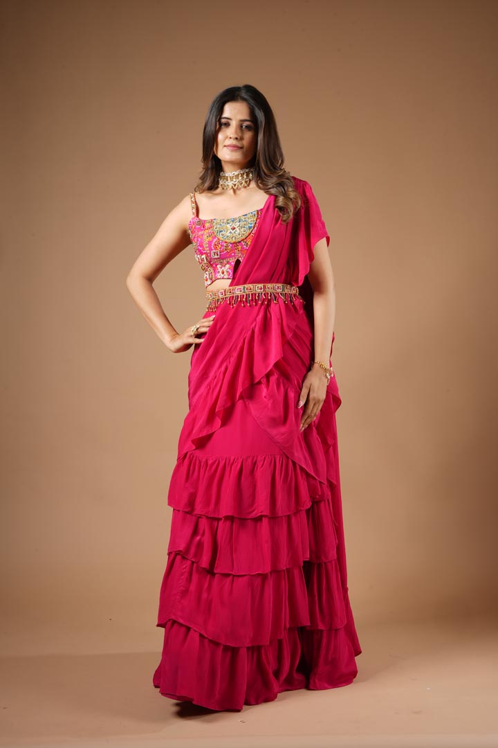 Ruby Pink Viscose Ruffled Saree Set