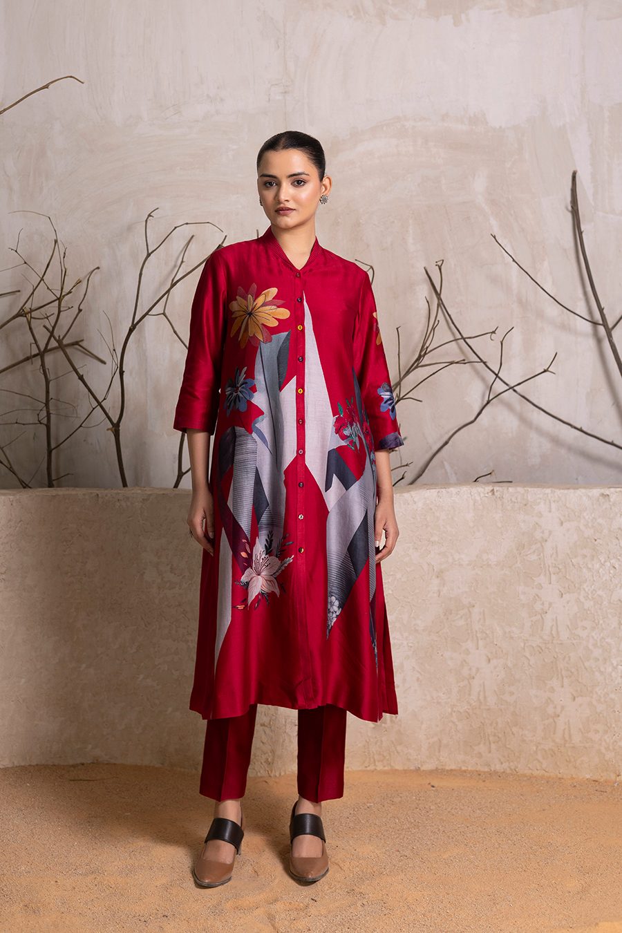 Red Silk Chanderi Printed Front Open Dress (1 PC)