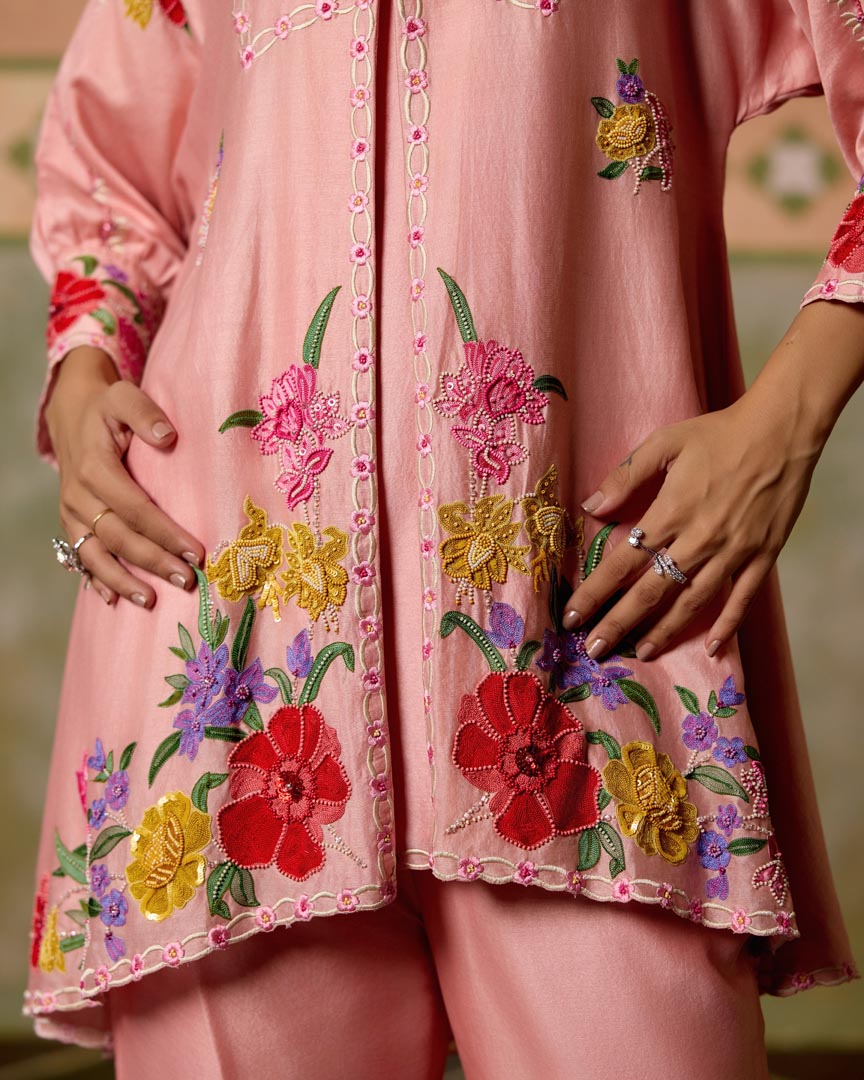 ROSE PINK THREADWORK AND BEADWORK TUNIC