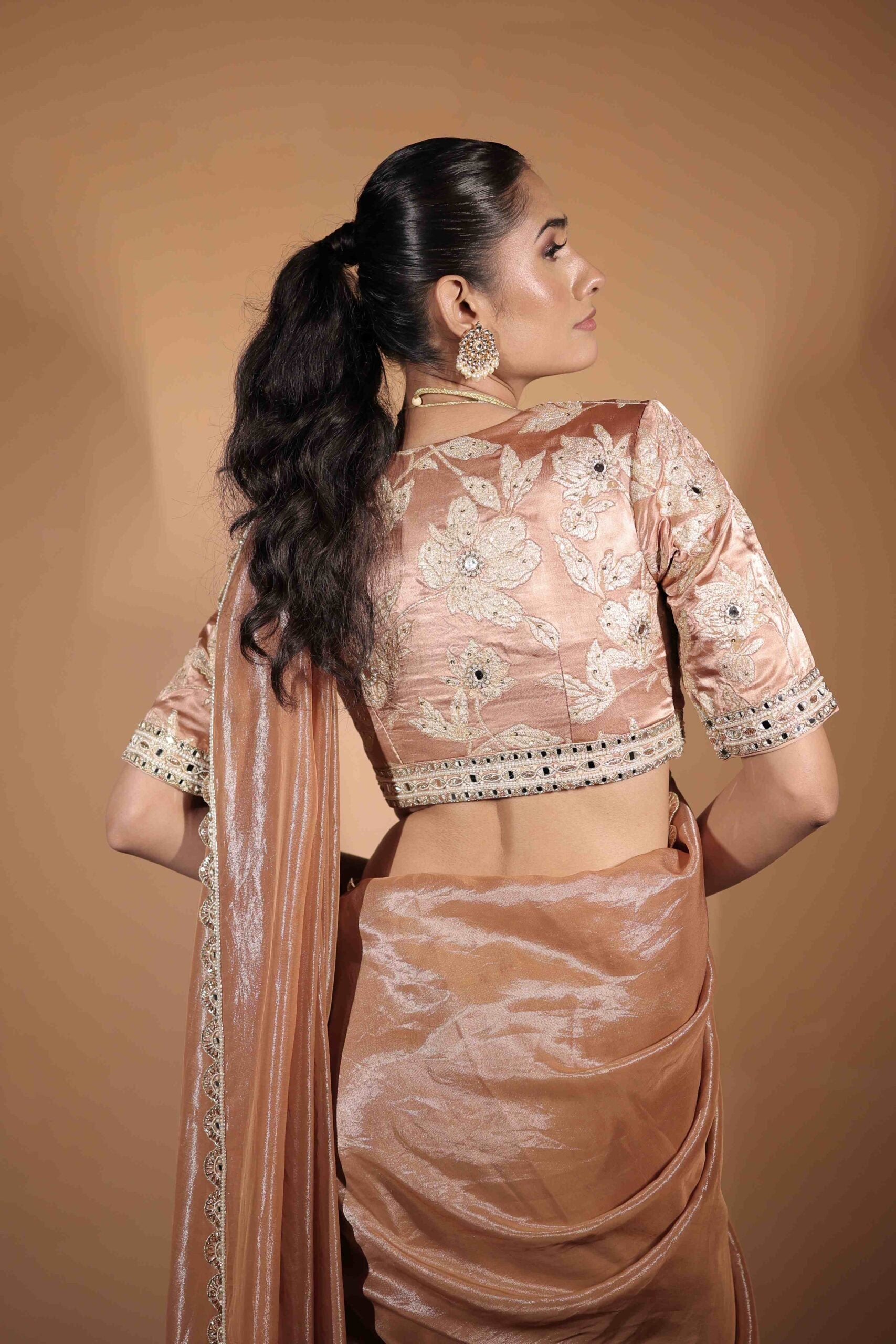 The " Whisparing Rose " saree set /Rose gold zardozi and mirror embroidered banarasi blouse and tissue saree set