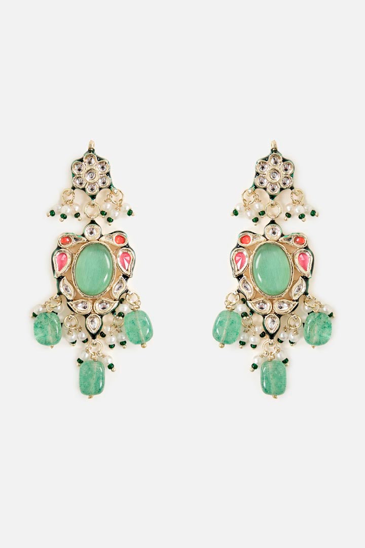 Gold-Tone Choker Necklace & Earring Set with Green Bead Detailing