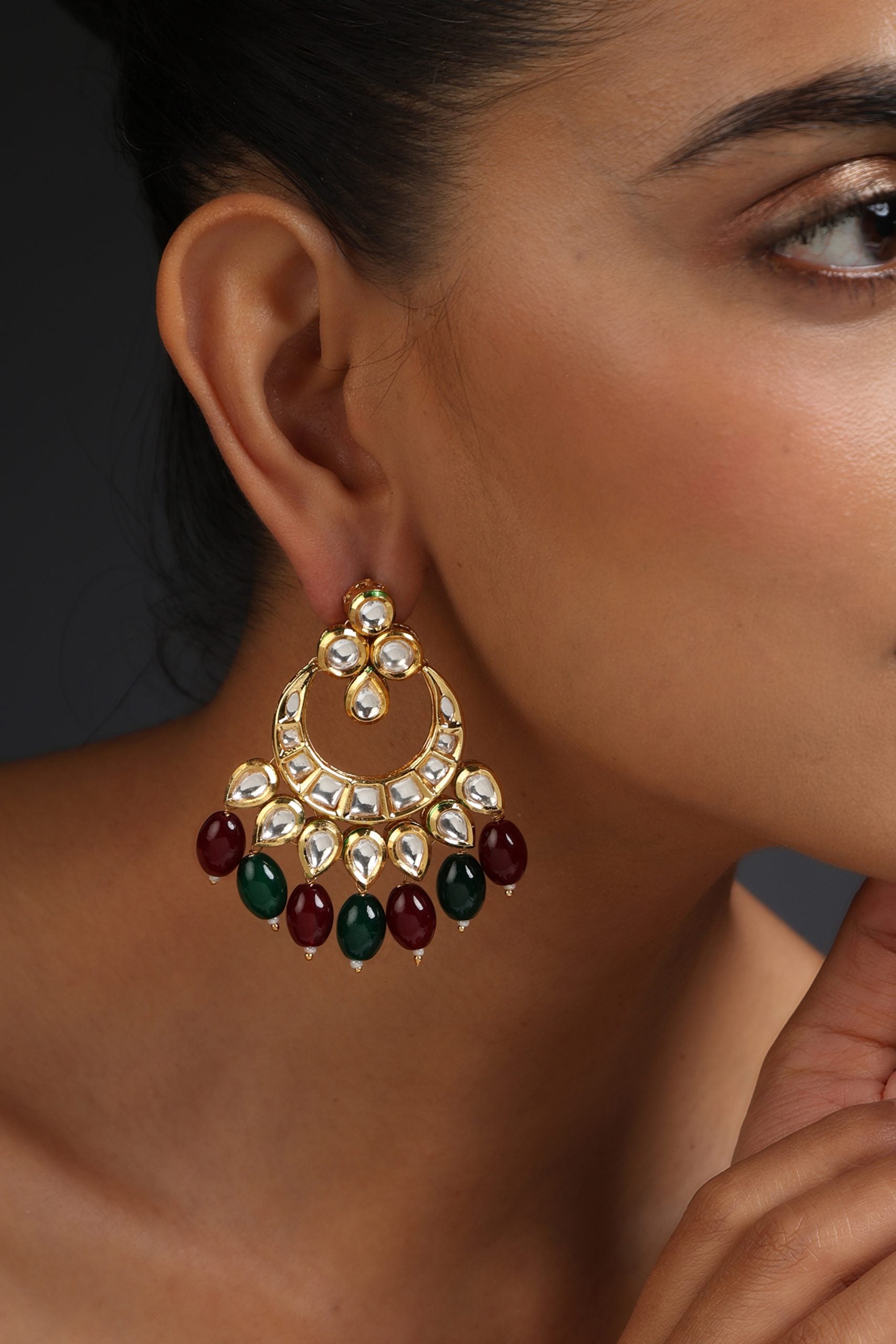 Multicolour Gold Tone Kundan Chandbali Earrings