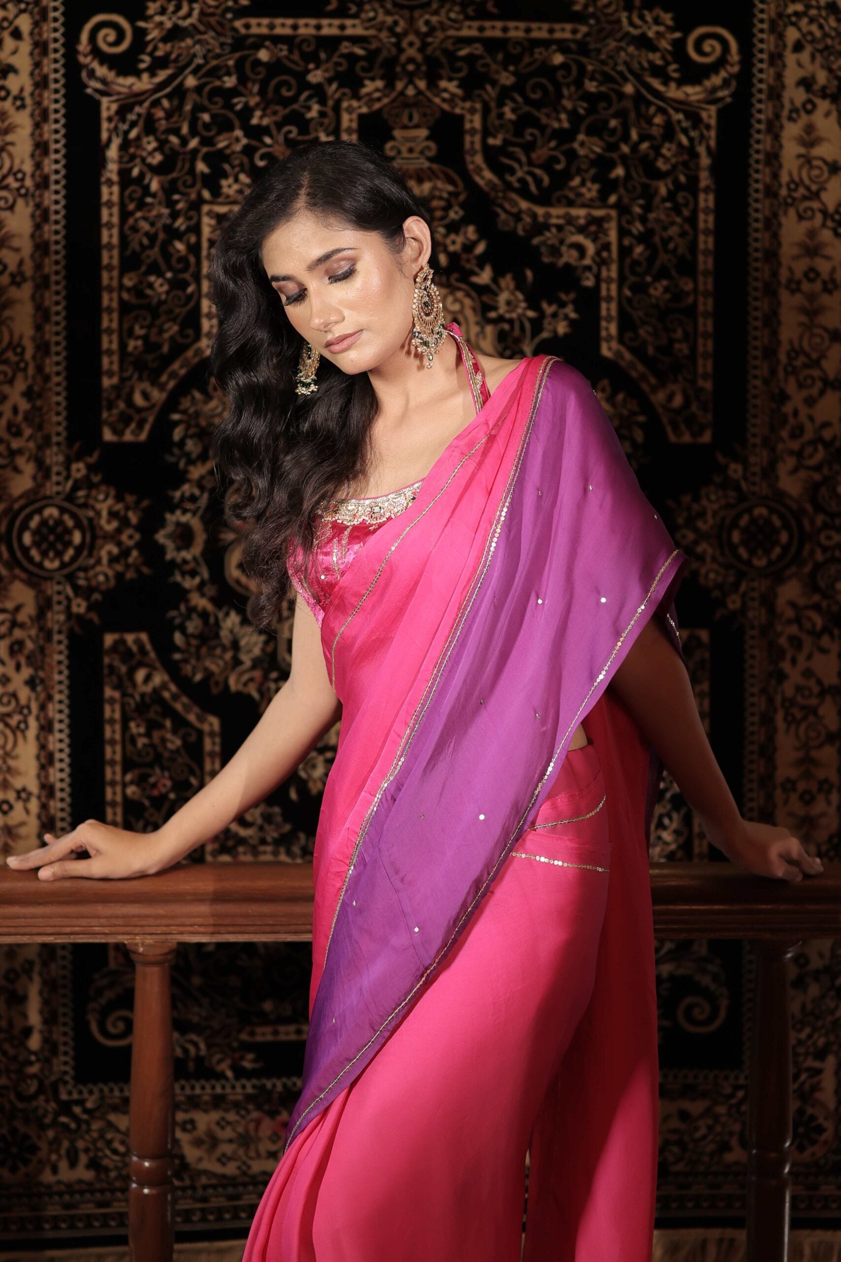 The " Gulabo " Saree Set /Pink jewel and pita work banarasi blouse and satin organza saree set