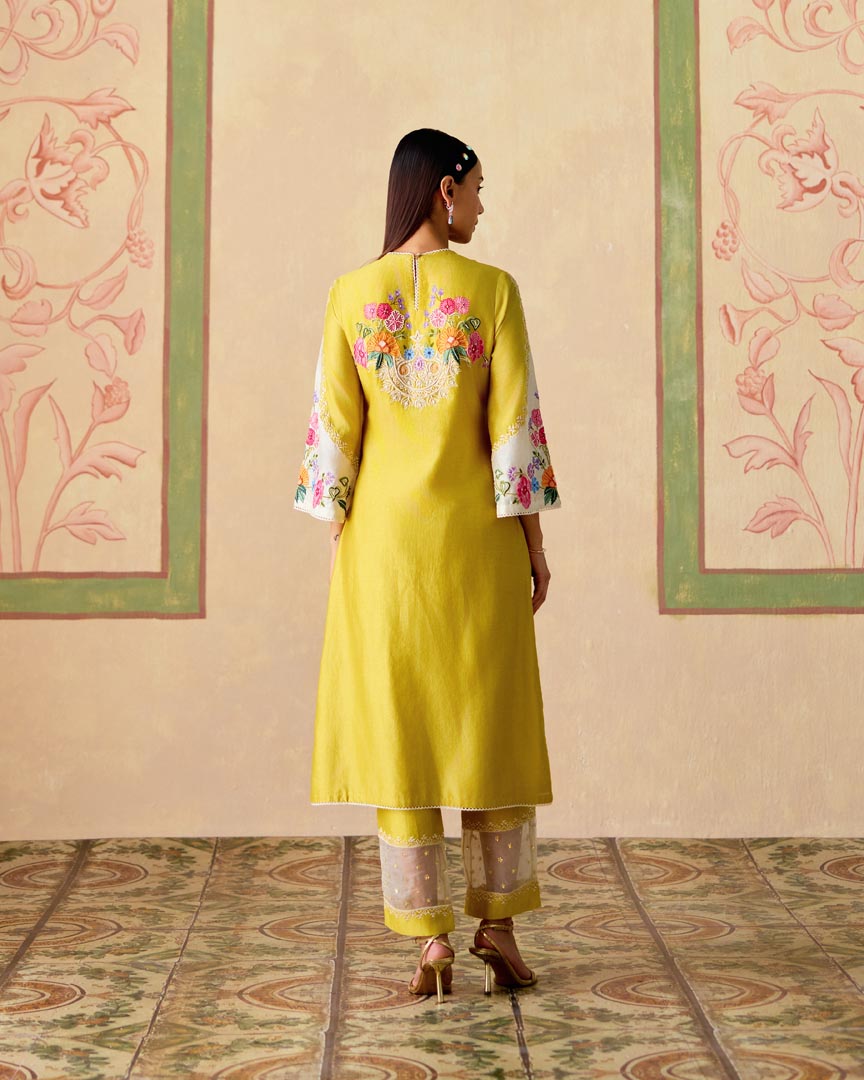 YELLOW AND IVORY COLOR BLOCK EMBROIDERED KURTA
