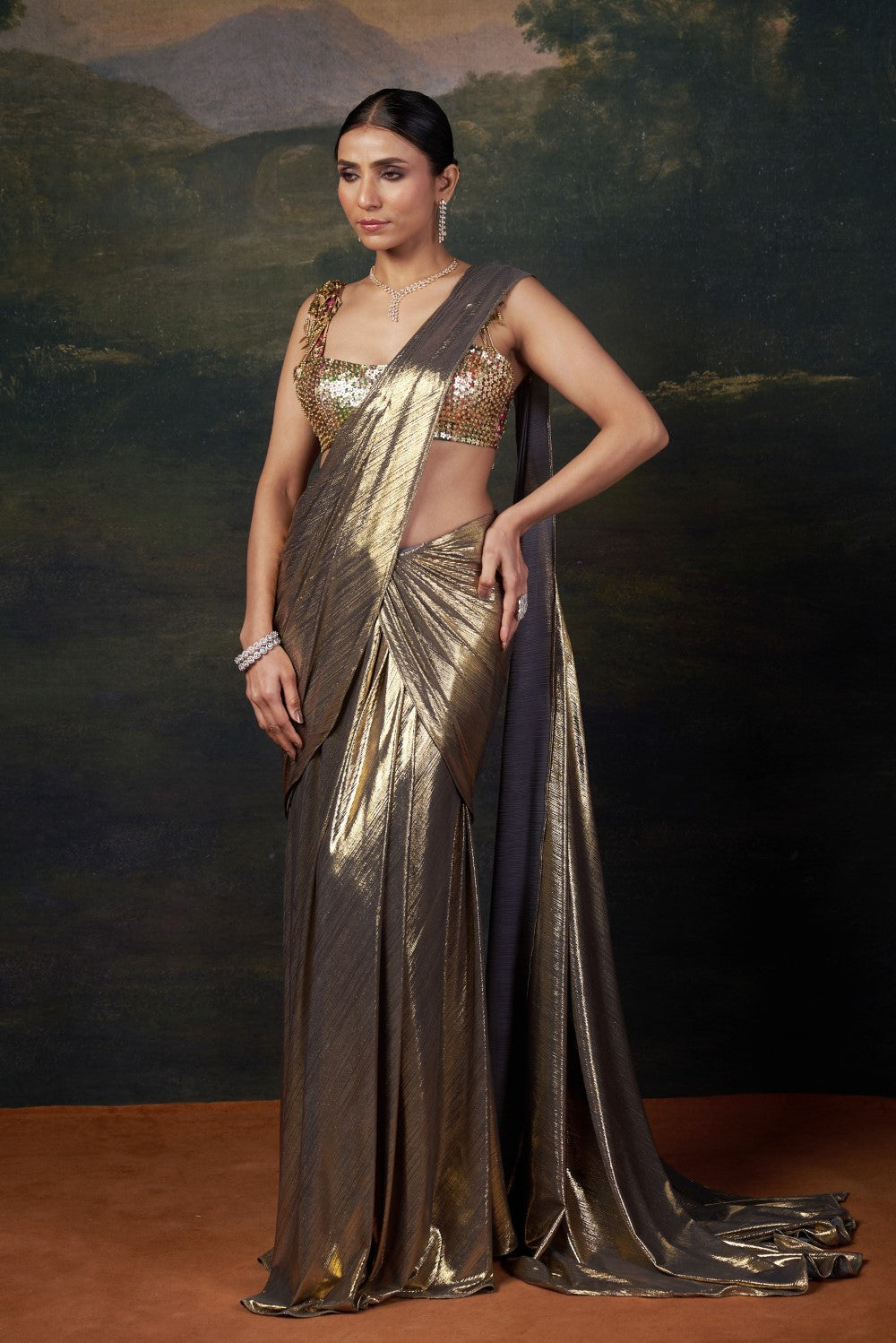 Heavy Hand-Embroidered Blouse with Pre-Draped Gold Saree