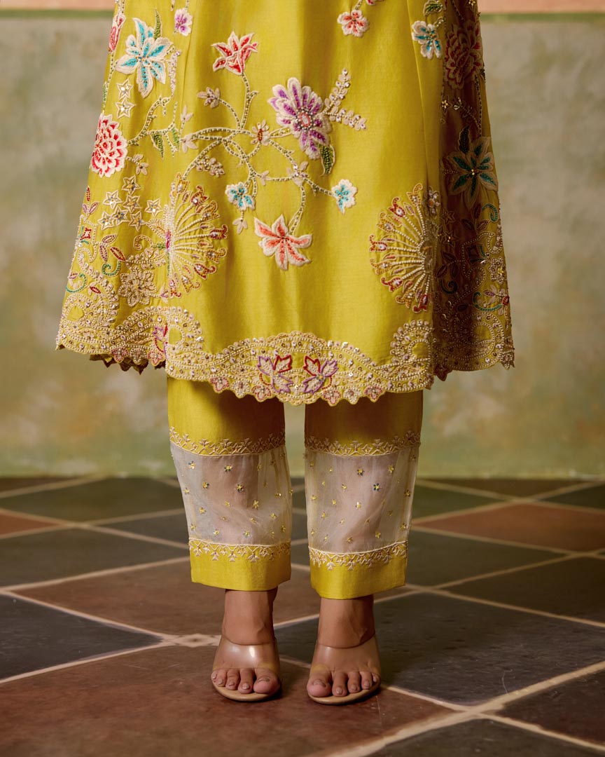 YELLOW AND IVORY SHEER PANEL PANTS