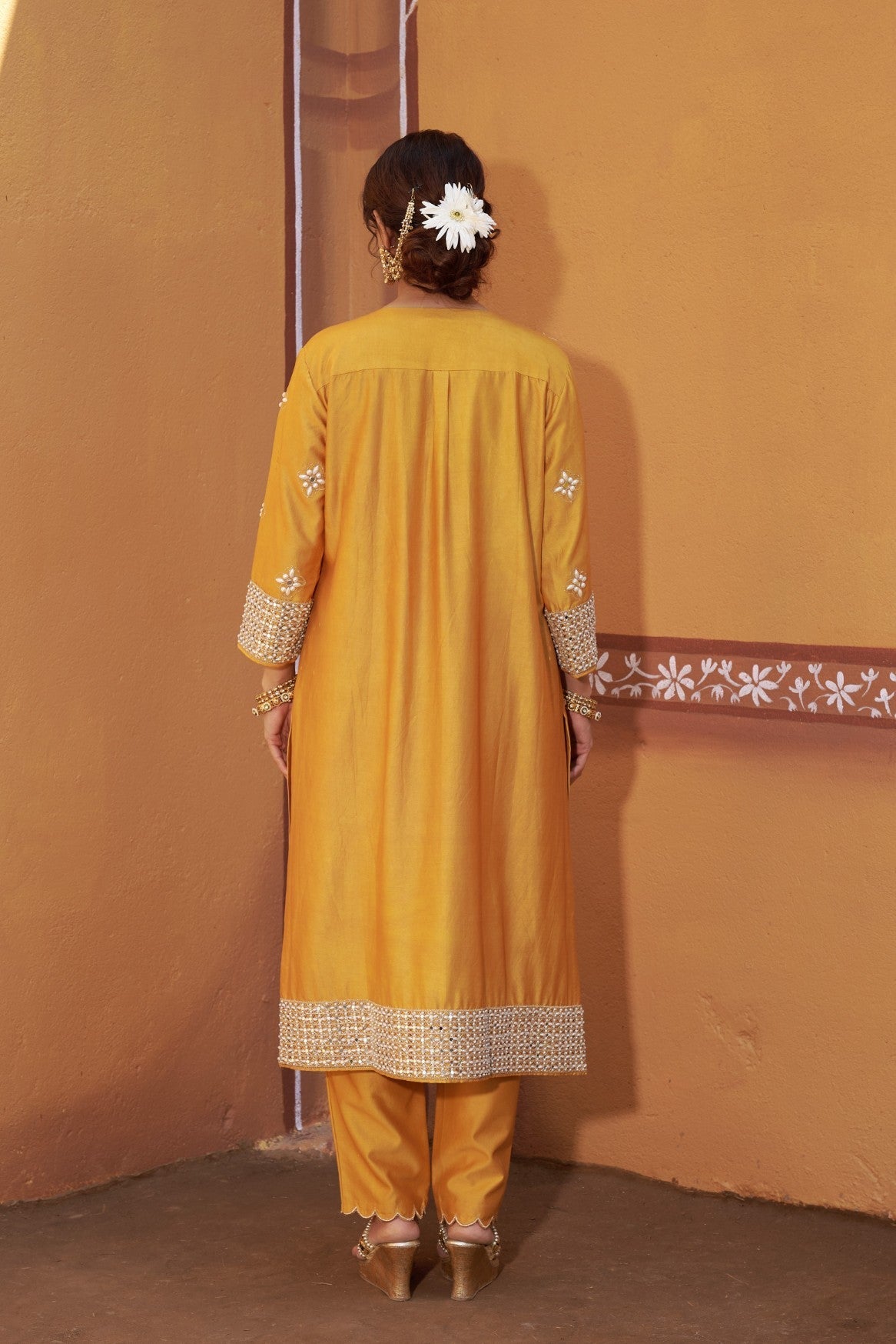 Golden yellow hand embroidered mirror work Kurta Set