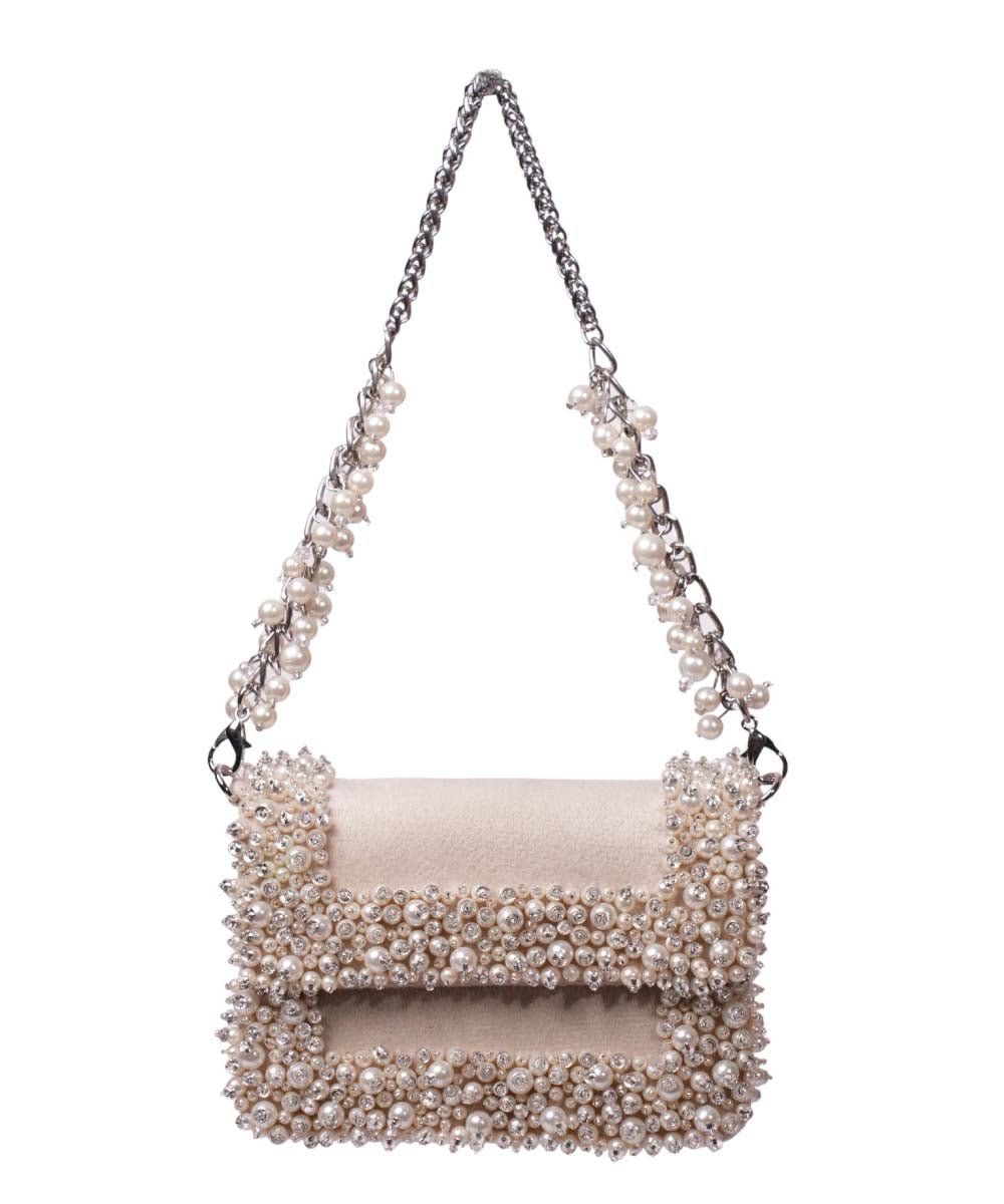 Aliya Ivory Suede Pearl Embellished Mini Bag