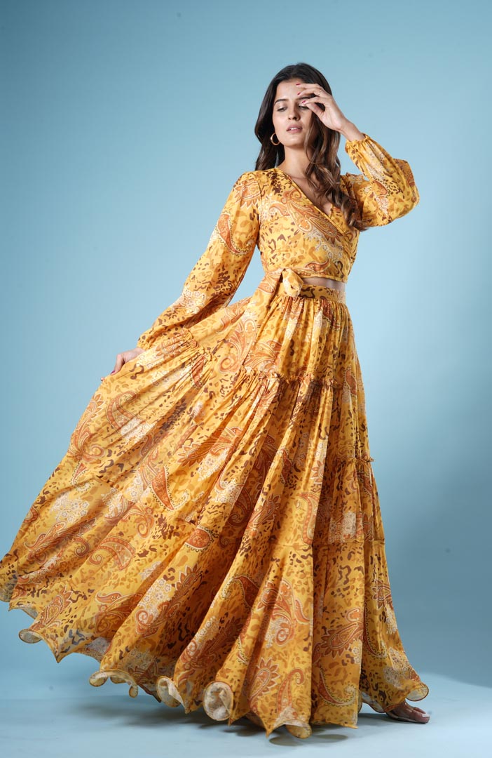 Mustard Georgette Digital Printed Skirt Set