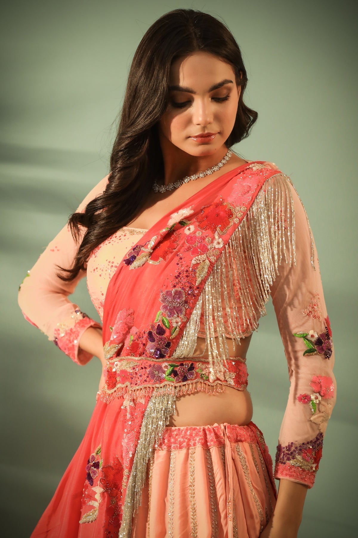 Image of Haseena coral & peach tier kali combo lehenga set