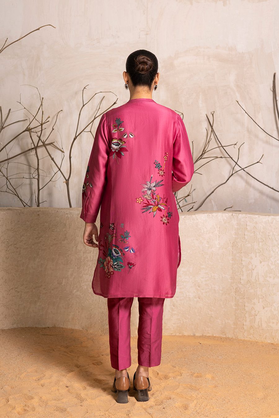 Old Rose Silk Chanderi Printed Shirt Style Tunic (1 PC)