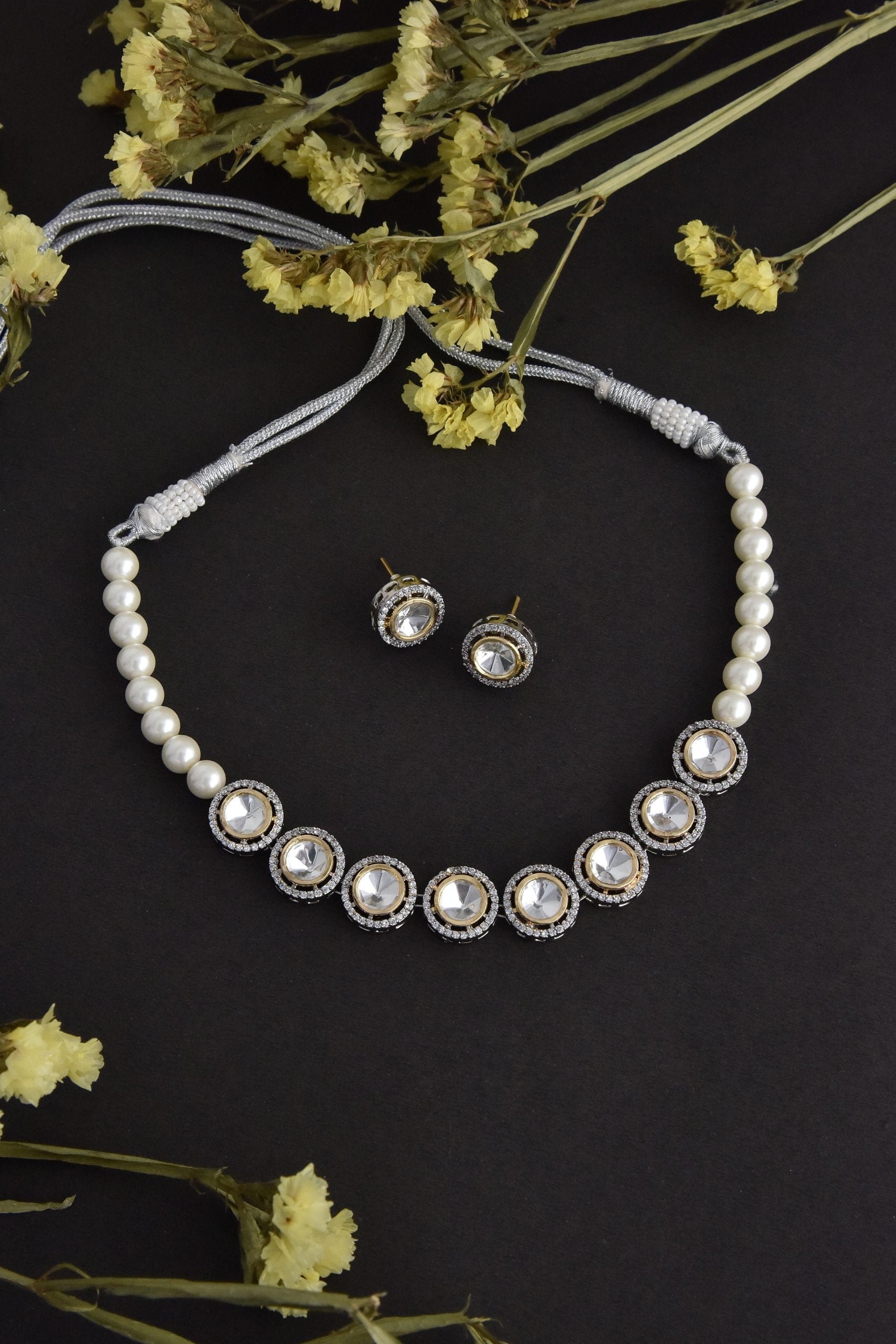 White Silver Tone Polki and Pearl Choker Set