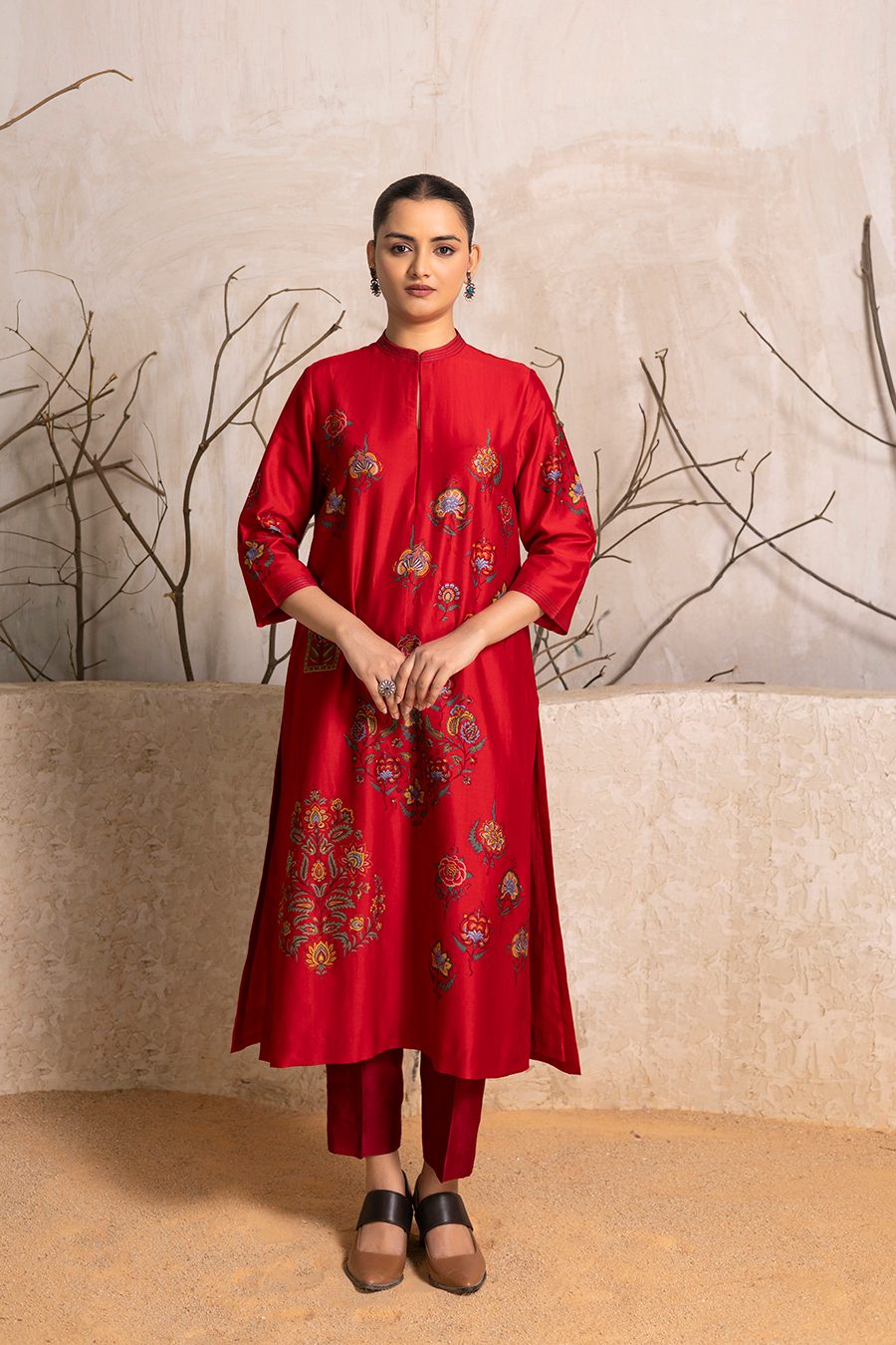 Bright Red Silk Chanderi Printed Tunic (1 PC)