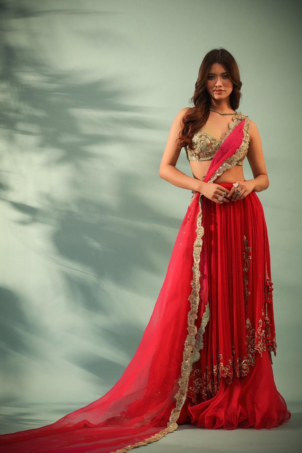 Image of Haseena carmine red cutwork layer lehenga set