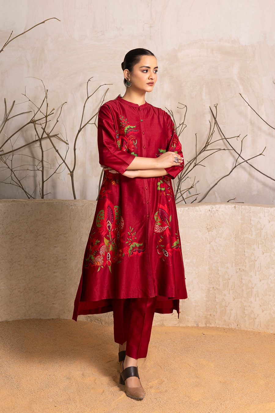 Red Silk Chanderi Printed Front Open Floral Dress (1 PC)