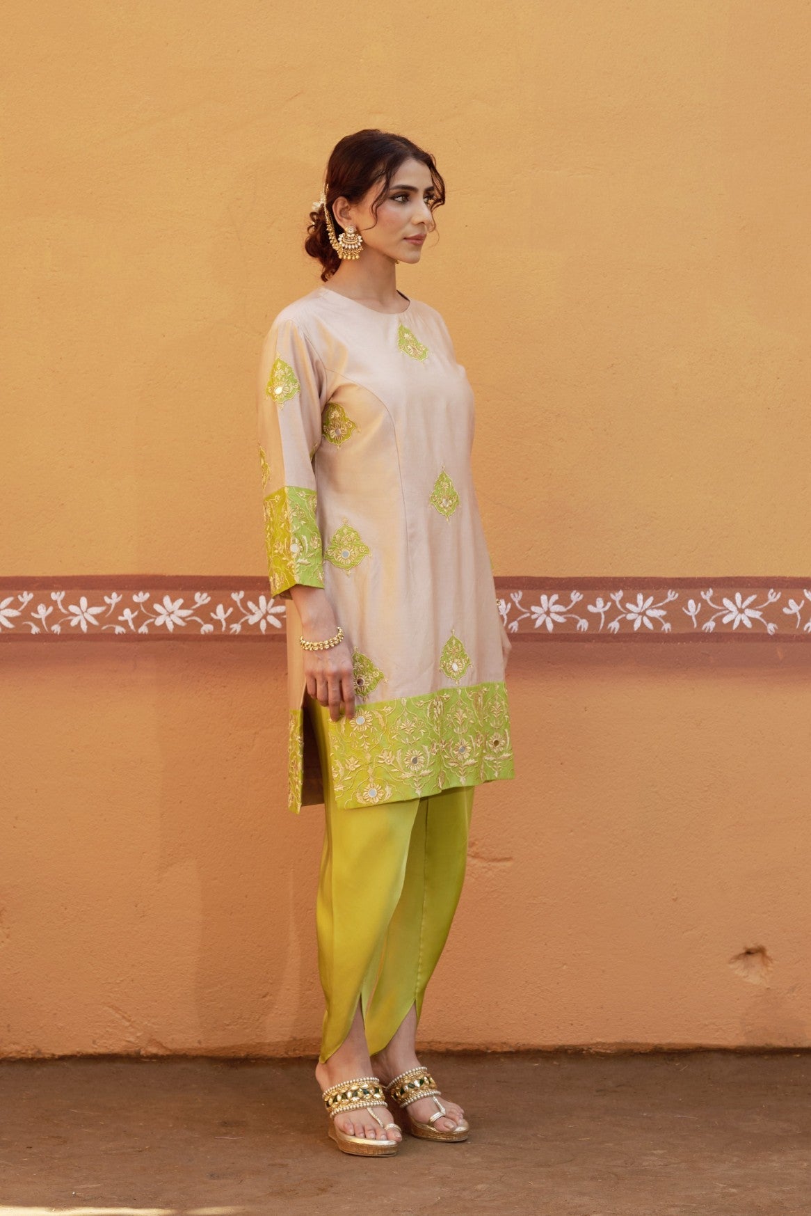 half and half beige green kurta with tulip pants