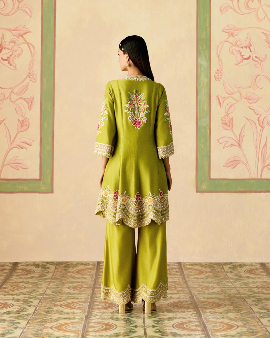 OLIVE CONTRAST CORDWORK FLARED SHORT KURTA