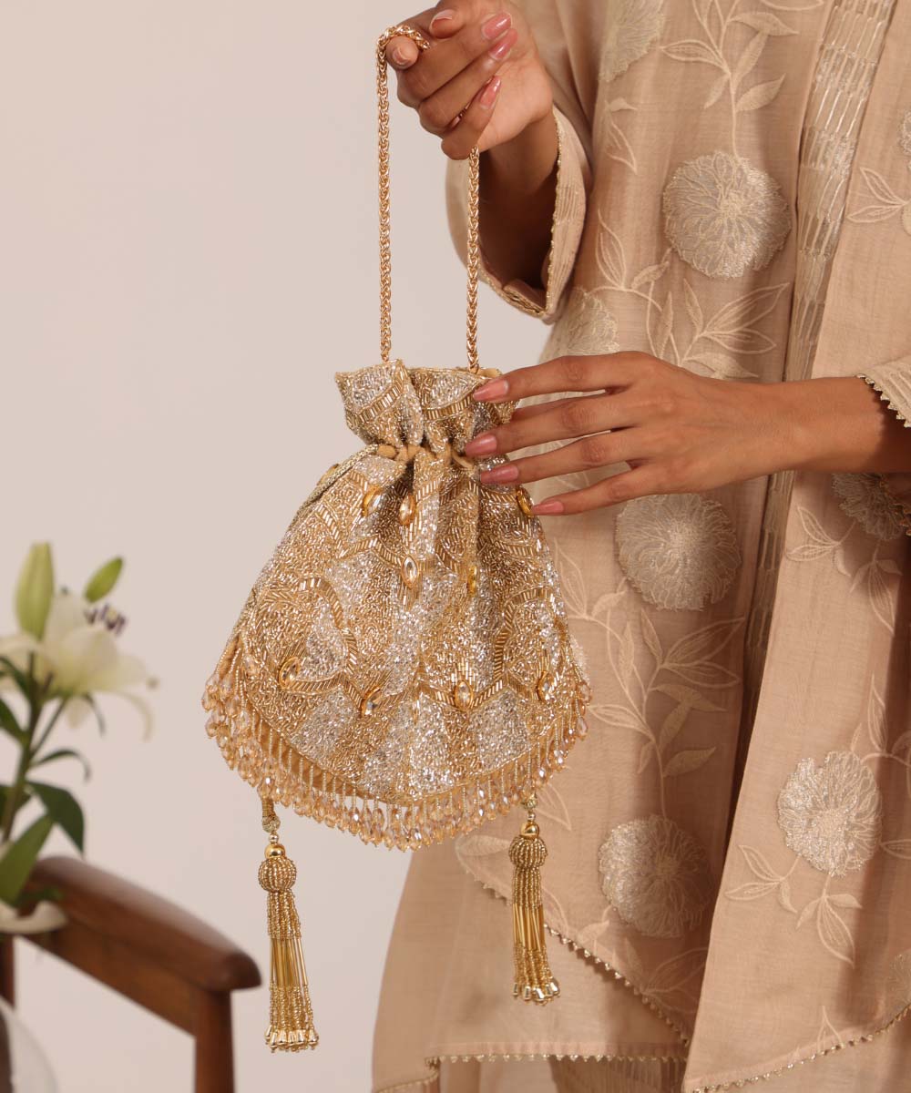 Sunheri Gold and Silver Georgette Embellished Potli